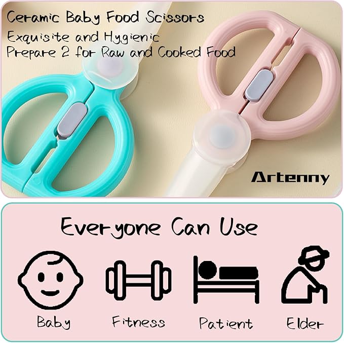 Ceramic Baby Food Scissors Kids with Travel Case, Toddler Scissors with Safety Lock, Ideal for Pizza, Meats, Noodles, Vegetables, and Fruits (C/D)