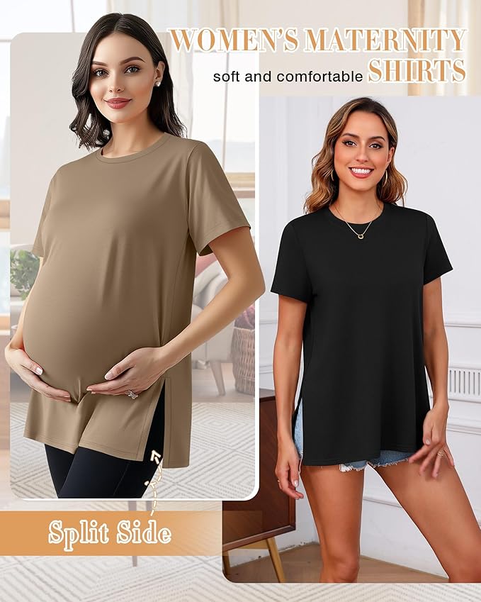 Ficerd 3 Pack Women's Maternity T Shirts, Short Sleeve Side Split Pregnancy Tops Casual Crew Neck Pregnant Tees Mama Clothes
