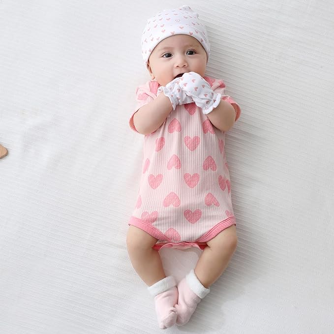 Baby Hat and Mittens Set Newborn Baby Hats Caps for Baby Boys Girls 0-6 Months 100% Cotton