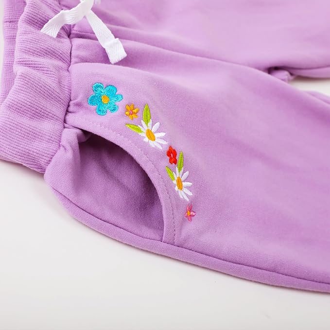 HILEELANG Girls Cotton Joggers Sweatpants Embroidery Drawstring Waist Pockets Casual Pants for Kids 12M-7Y