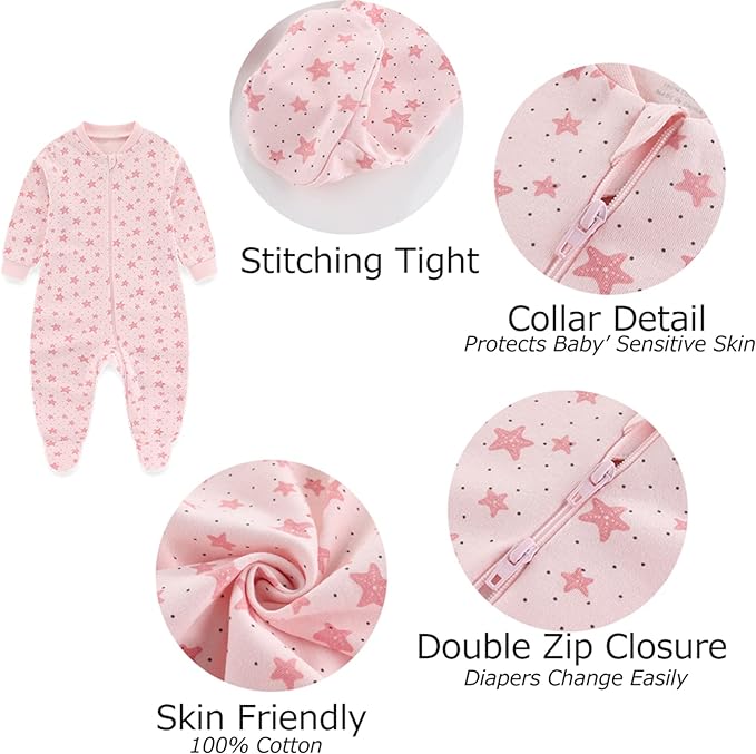 Newborn Baby 2-way Zipper Romper Cotton One-piece Jumsuit 3-pack, 0-24 Months