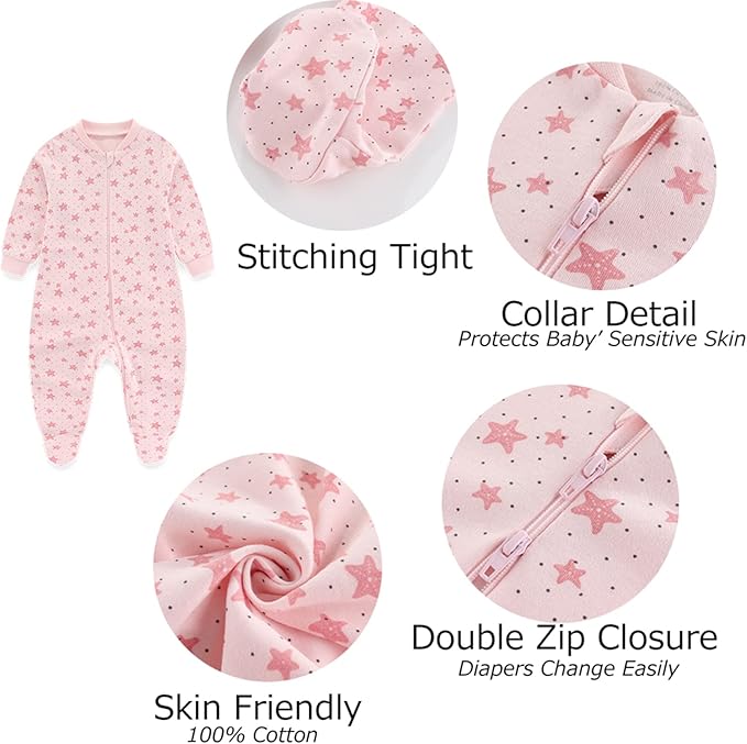 Newborn Baby 2-way Zipper Romper Cotton One-piece Jumsuit 3-pack, 0-24 Months