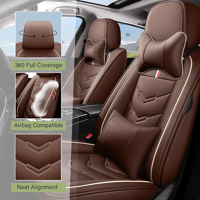 Leather Car Seat Covers Fit for LR Range Rover Sport 2023-2025, 5 Seater Waterproof and Wear-Resistant Seat Cover Interior Accessories(Full Set with Pillow,Coffee)