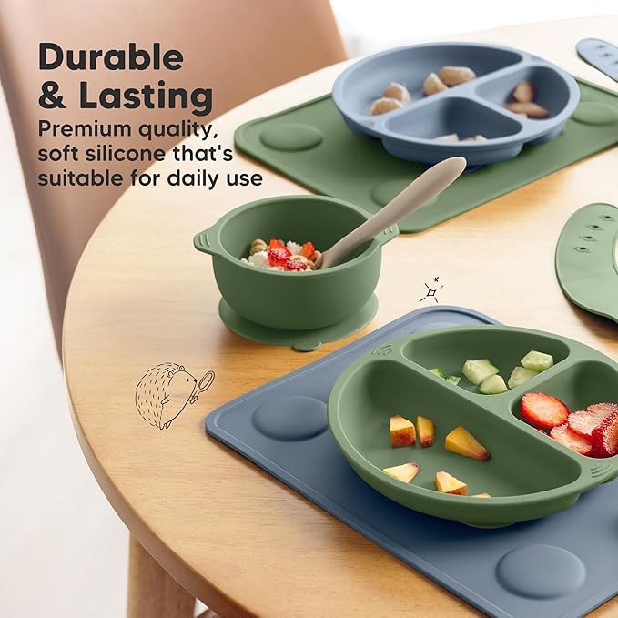 KeaBabies 2-Pack Silicone Placemats for Toddlers - 12x9 Non Slip Suction Baby Silicone Placemat for Kids Eating, Easy to Clean, Busy Travel Baby Mat for Dining Table, Food Grade/BPA-Free (Sage)