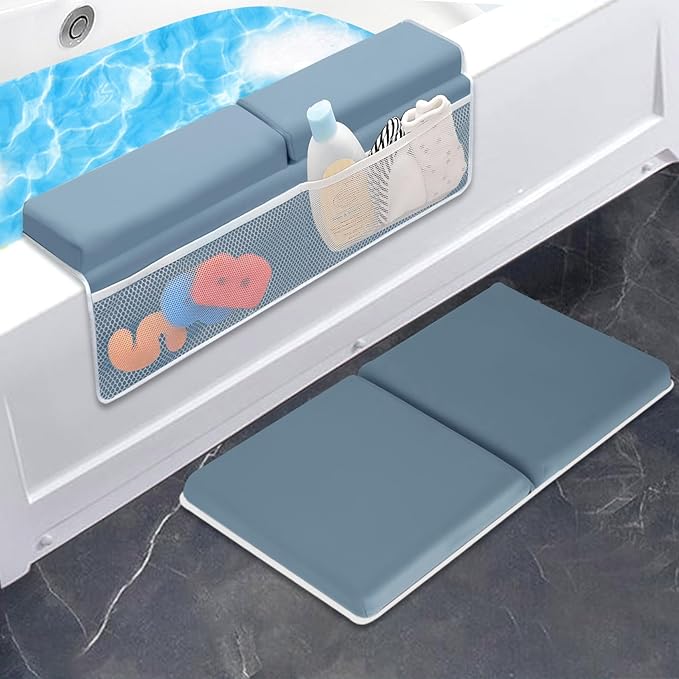 JJGoo Bath Kneeler with Elbow Rest Pad Set, 1.5 inch Kneeling Pad Mat for Bathtub Baby Bathing Parents, Painless Foam Mat with Toy Organizer Pockets, Non-Slip for Baby and Toddler Bathing