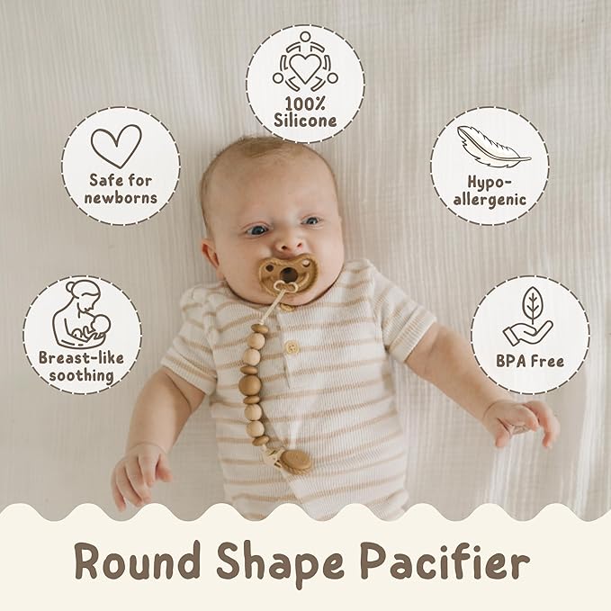 Mila & Lulu Round Silicone Pacifiers (Set of 2) – 100% Food-Grade, One-Piece Design, Soft Round Nipple, Airflow Shield, Multi-Use Pacifier & Teether for Newborns and Infants 0+ Months - Beige/Hazel