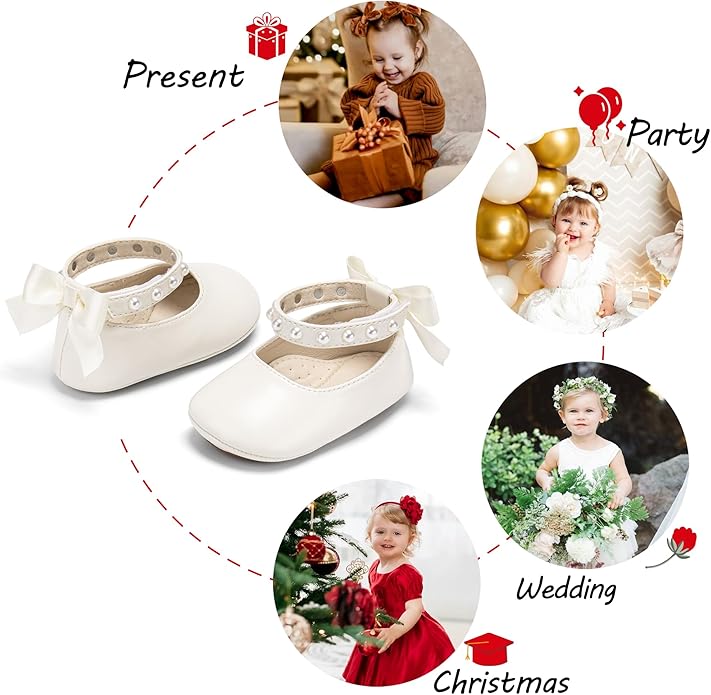 Baby Girls Mary Jane Flats - Infant Newborn Walking Shoes Soft Rubber Sole Princess Wedding