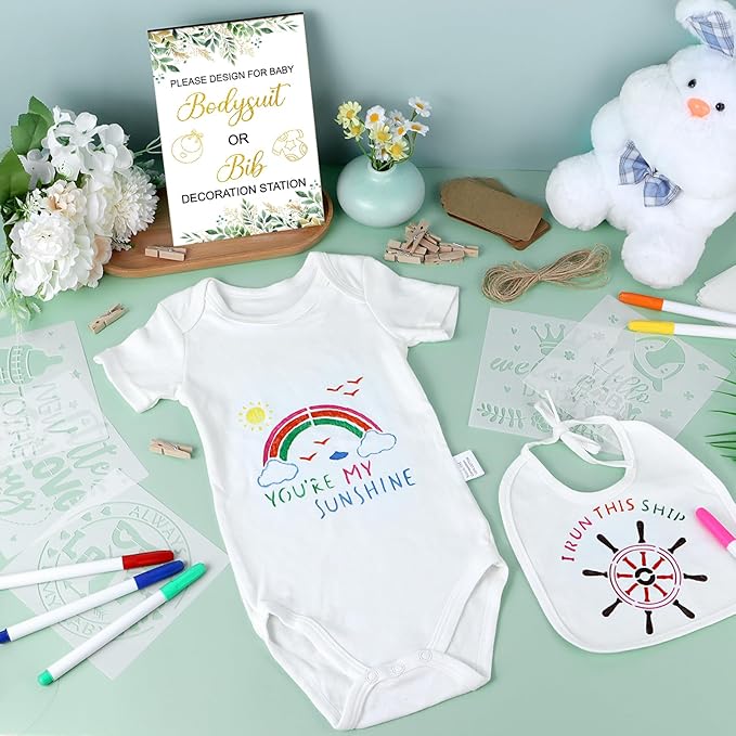 151 Pcs Baby Shower Game Decorations Kit with Bibs, Bodysuits, Wooden Sign & Fabric Markers (GreenGolden)