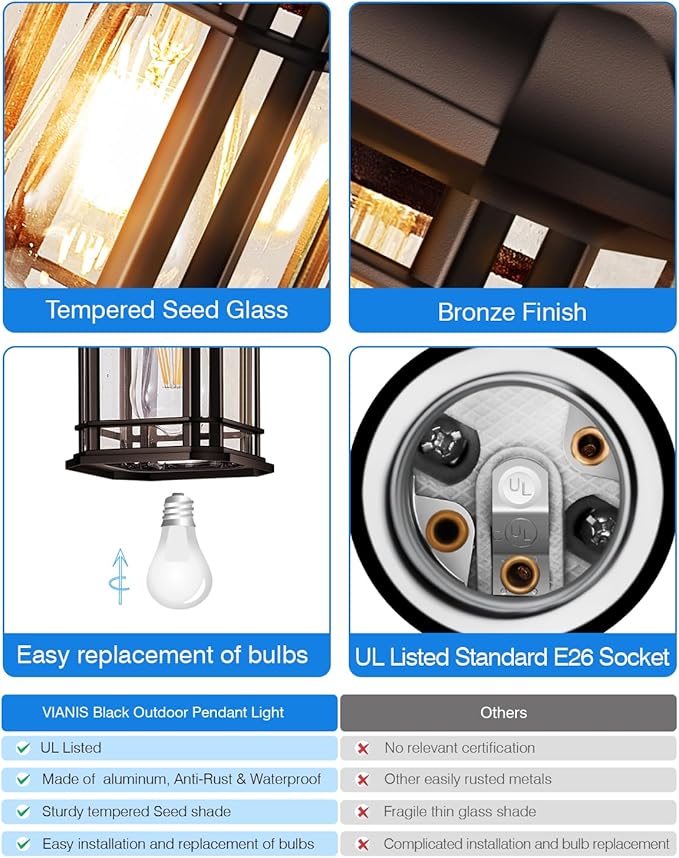 VIANIS Outdoor Pendant Light, Brown Outdoor Chandelier Sconce, Oil Rubbed Bronze Porch Lights Ceiling, Waterproof Hanging Lights for House, Patio, Garden, Anti-Rust, 100% Aluminum