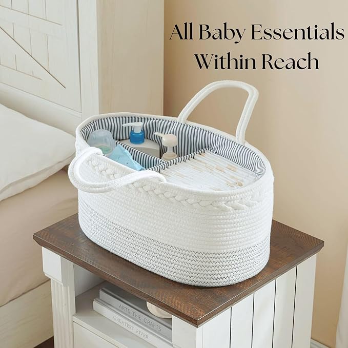 luxury little Diaper Caddy Organizer, Large Cotton Rope Nursery Baby Basket, Changing Table Organizer for Baby Diaper Storage, Portable Car Organizer with Removable Divider, Baby Shower Gifts - White
