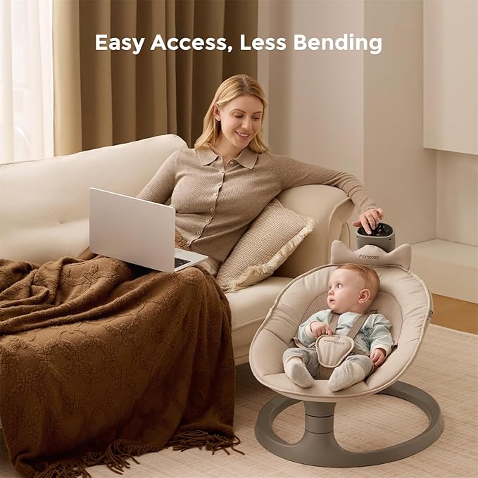 Momcozy 2-in-1 Electric Baby Swing, Dual-Arm Support System & Parent-Inspired Motions, Convertible to Toddler Seat up to 66 lbs, Adjustable Height, Lightweight, Khaki