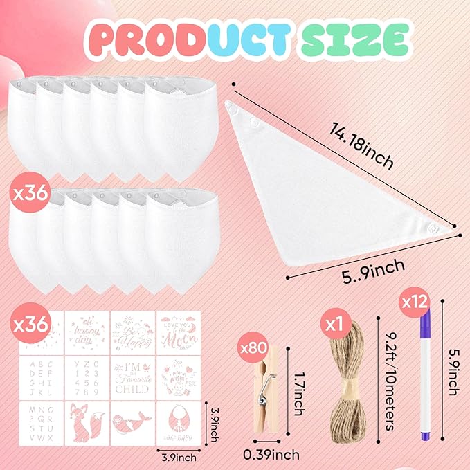 NACHLYNN 165 Pcs White Baby Bibs Baby Shower Games Set Including 36 Blank Baby Bibs 36 Stencils 80 Clothespins 12 Fabric Markers 1 Hemp Rope for Boys Girls Gender Reveal Party