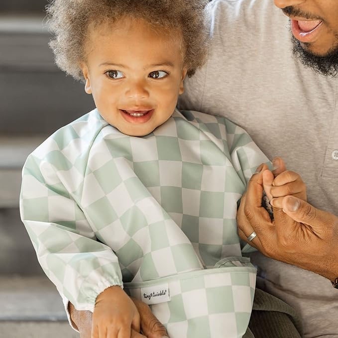 Tiny Twinkle Long Sleeve Bib for Babies & Toddlers – Waterproof Smock Bib for Eating – Machine Washable & Mess-Proof, Baby Feeding Essential & Shower Must-Have(Checkers Sage, 2-4Y)
