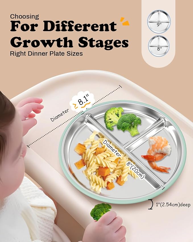 8” Stainless Steel Toddler Plate with Suction, Divided Plates with Removable Silicone Sleeves for Kids, Non Toxic & BPA Free | Non Slip | Unbreakable Baby Snack Dishes Set of 2, Blue & Sage
