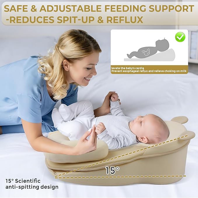 Baby Feeding Pillow, Anti Overflow Feeding Pillow for Reducing Spit-Up, Safety Nursing Pillow, Baby Lounger Reflux Wedge Breastfeeding, Removable top and Botto（Yellow）