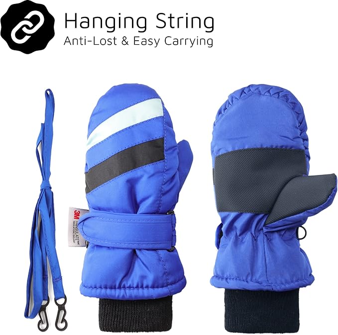 F Flammi Toddler Kids Snow Mittens with String Waterproof Ski Mittens Thinsulate Winter Gloves for Baby Girls Boys