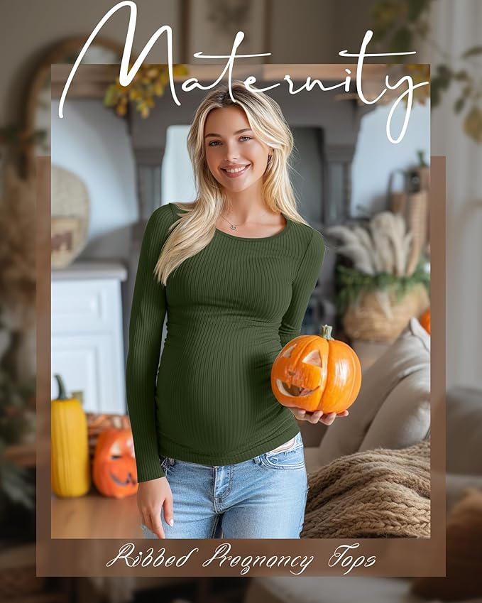 Huukeay 4 Pack Women's Maternity Shirts, Long Sleeve Cotton Ribbed Pregnancy Tops Side Ruched Crew Neck Casual Mama Clothes