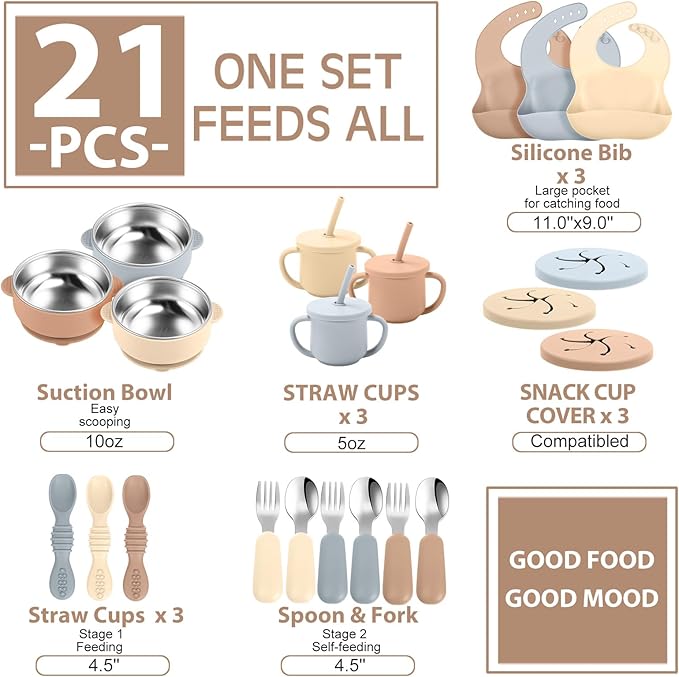 Yinder 15 Pack Silicone Baby Feeding Set Include Baby Bowls Spoons Forks Adjustable Bib Tiny Cups for Babies Toddlers Kids Self Feeding Eating Utensils Weaning Supplies(Brown/beige/gray)