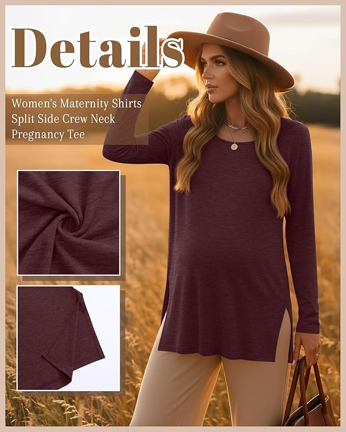 Riyiper 3 Pack Women's Maternity Long Sleeve T-Shirts Round Neck Side Split Tops Loose Casual Pregnancy Mama Clothes Fall