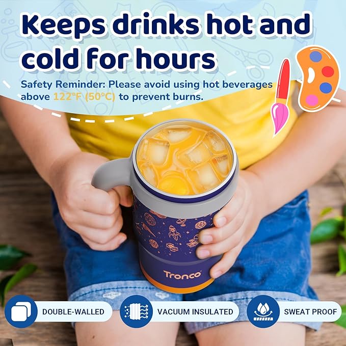 Tronco 14 oz Kids Insulated Tumbler with Handle & Spill Resistant Flexible Straw, BPA-Free Stainless Steel Toddler Cups with Lids, Splash-Proof Kid Drinking Cup Travel Mugs, Hand Wash Only