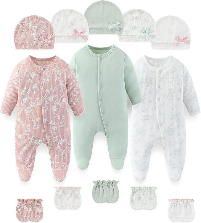 Fashion Baby Boy Girl Clothing Set Cotton Soft 3-Piece Long Sleeve Button Rompers 5-Pack Hats&Gloves Infant Clothes