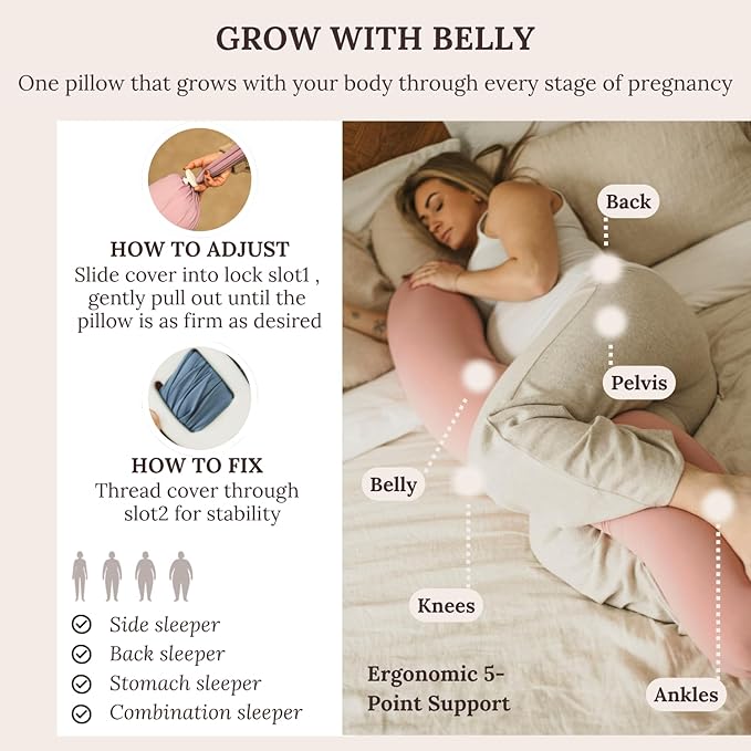 Pregnancy Pillow 5-in-1 【Cooling Cover, Adjustable Firmness】 Patented Lock Design, Turn into O-Shape Nursing Pillow, 5-Point Full Body Support, Maternity Pillow with Travel Bag - Pink