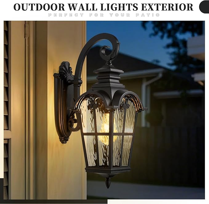 Outdoor Wall Lamps Aluminum Outside Light Fixtures for House 24 Inch Height Large Size Exterior Porch Lights Wall Mount with Water Ripple Glass Black Finish