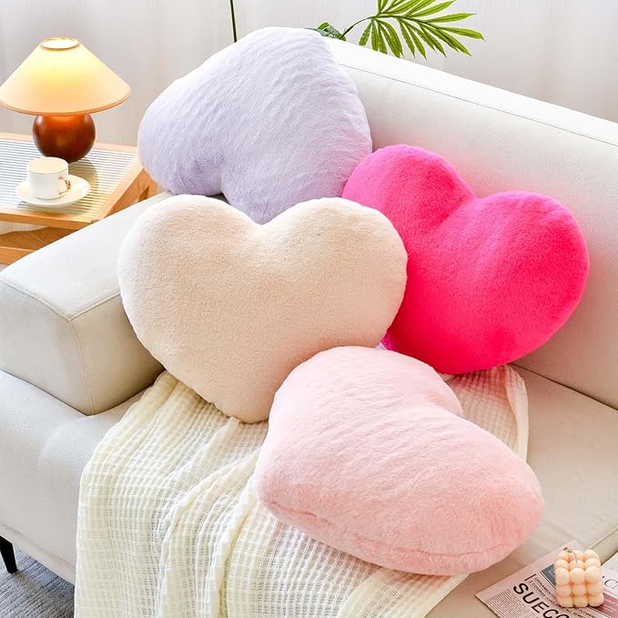 Hot Pink Heart Pillows, Cute Heart Decorative Pillow, Heart Shaped Throw Pillows for Bed, Faux Rabbit Fur Plush Hoom Decor Pillow Cushion for Chair Sofa Living Room (Large-19.6"x15.7")
