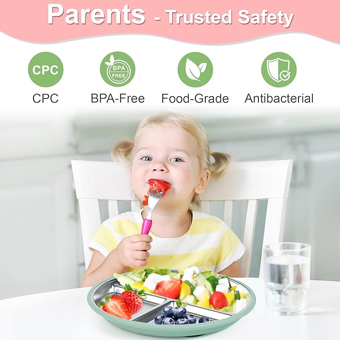 Bella's Friends Stainless Steel Toddler Plates Silicone Suction,3 Packs Non-Slip Baby Plates,Divided Portion,Food-Grade Silicone Plate for Kids,LEAD-FREE Dishwasher Safe, Gray White Pink