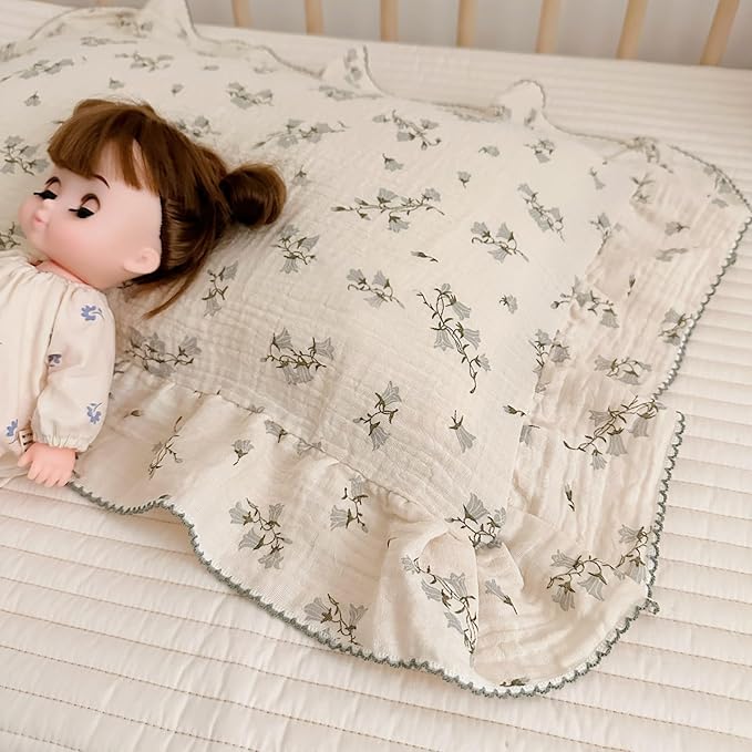 BuLuTu Cotton Muslin Pillowcase for Toddler Girls Boys Chic Shabby Floral Kids Pillow Case, Breathable Soft Durable Children Pillow Cover for Travel/Sleep, Hyacinth Pattern, 14"x20"