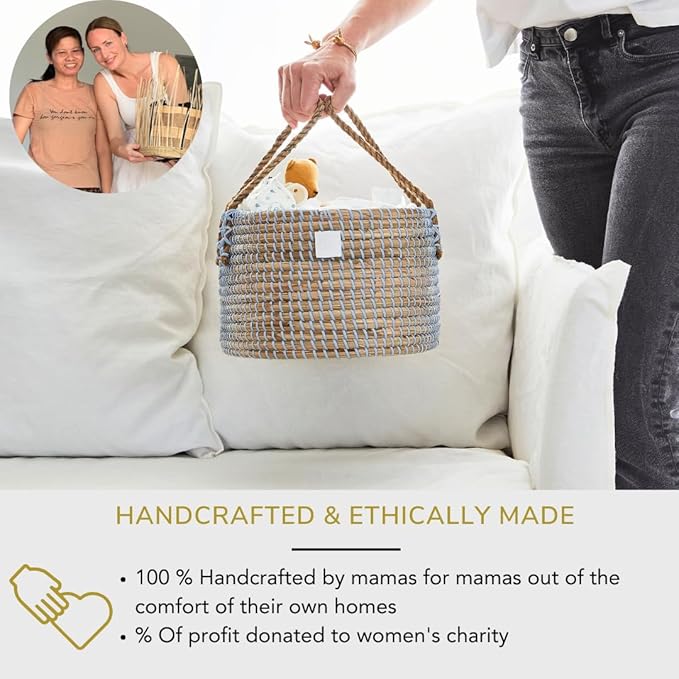 BEBE BASK Premium Light Blue Baby Diaper Caddy Organizer -Handmade - Seagrass Basket With Cotton Divider - Award-Winning & Luxury Diaper Caddy Basket - (Dove)