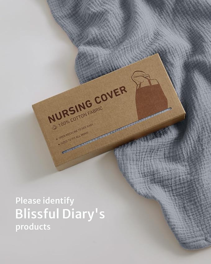 Blissful Diary Muslin Nursing Cover for Breastfeeding, Breathable Breastfeeding Cover up with Arch Neckline for Women, Nursing Apron (Light Grey)
