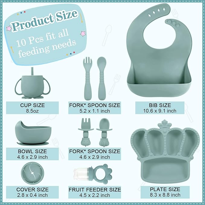 Silicone Baby Feeding Set 10 Pcs Baby Led Weaning Supplies Suction Bowl Divided Plate Baby Bibs Fruit feeder Pacifier Baby Spoons Forks Sippy Cup Utensil Sets Baby Essentials for Newborn Grey Blue