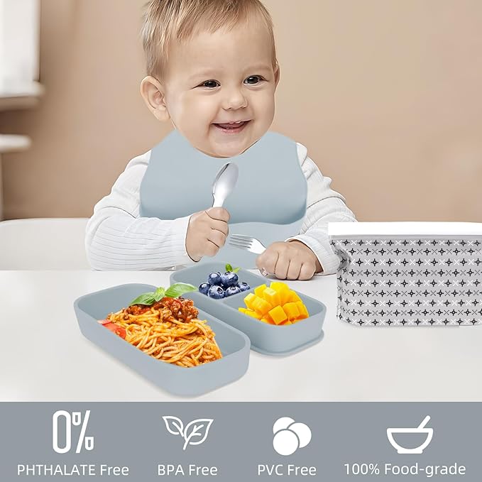 Travel Silicone Baby Feeding Set with 316 Stainless Steel Spoon & Fork,Silicone Suction Plates, Foldable Bib, Storage Bag - Portable Infant Toddler Utensils, 6-Piece BPA-Free Dishware Kit（gray）