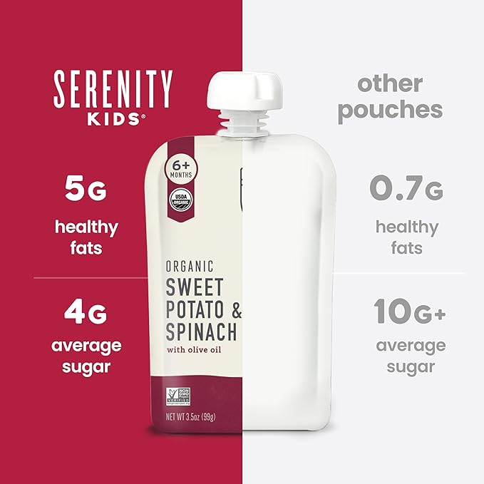 Serenity Kids 6+ Months USDA Organic Veggie Puree Baby Food Pouches - No Added Sugar or Fruit & BPA-Free & Allergen-Free - Sweet Potato & Spinach Baby Snacks - 3.5 Oz, 12 Pack