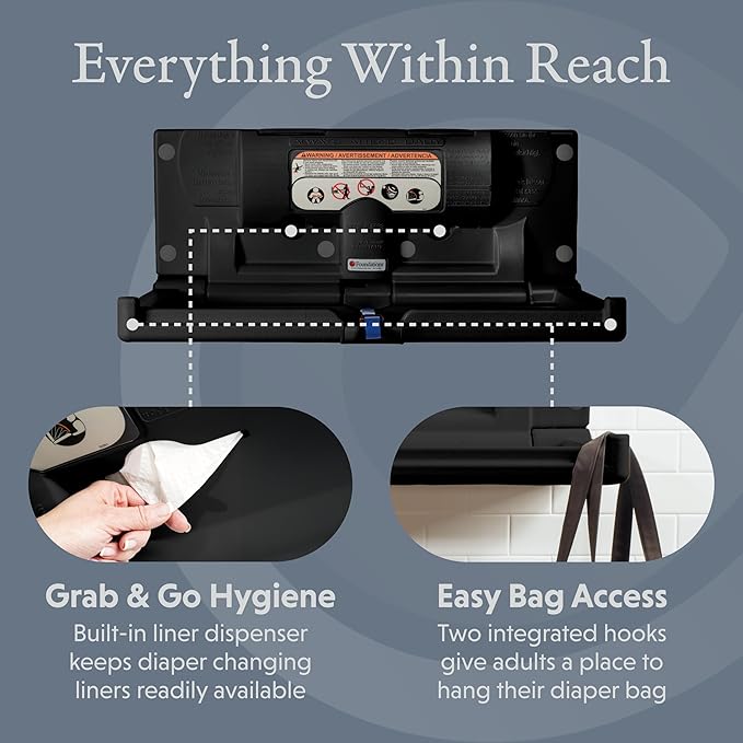 Foundations Classic Horizontal Wall-Mounted Baby Changing Station for Commercial Restrooms, Includes One Handed Adjustable Safety Strap & Liner Dispenser, Black (100-EH-02)