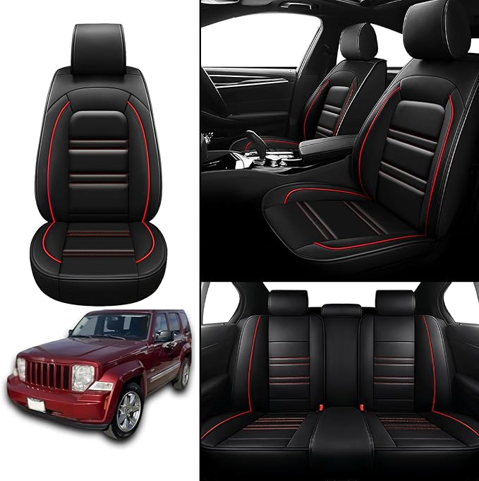 Seat Covers for JP Liberty 2002-2012 | 5-Seats Leather Seat Covers, Easy to Install Automotive Seat Covers Full Set (Full Set, Black&Red Line)