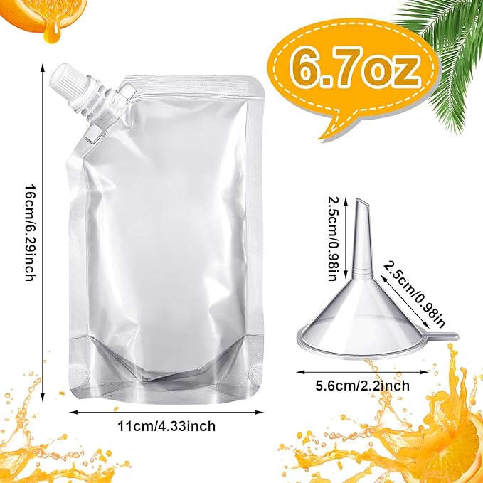 Meanplan 100 Pcs Plastic Pouches Bulk Reusable Squeeze Pouches Clear Plastic Juice Leak Proof Bags with Funnel for Party Favors Supplies(6.7 oz,Inclined Mouth)