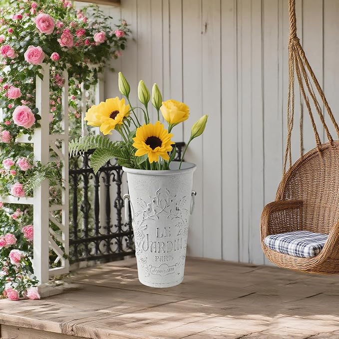 Set of 2 Distressed White Metal Flower Pots - Le Jardin Paris 14" Vintage Planters, Decorative Round Plants Buckets for Indoor/Outdoor Garden Patio Decor