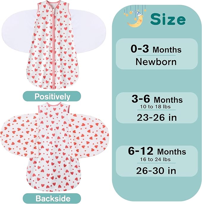 Newborn Sleep Sack Baby Swaddle,Swaddle me 3-6 Month,3-Way Adjustable Wearable Blanket,100% Rayon Cotton Swaddling Sleeping Bag，TOG 0.5 (Love, 3-6 Months)