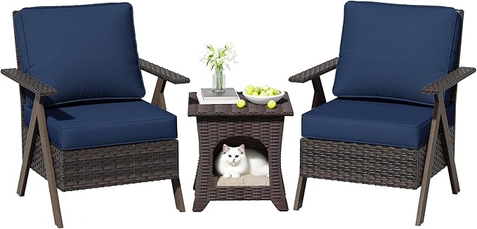 Patio Porch Furniture Chairs Set, 3 Pieces PE Rattan Wicker Chairs with Side Table, Outdoor Garden Furniture Sets for Garden Backyard Porch Poolside