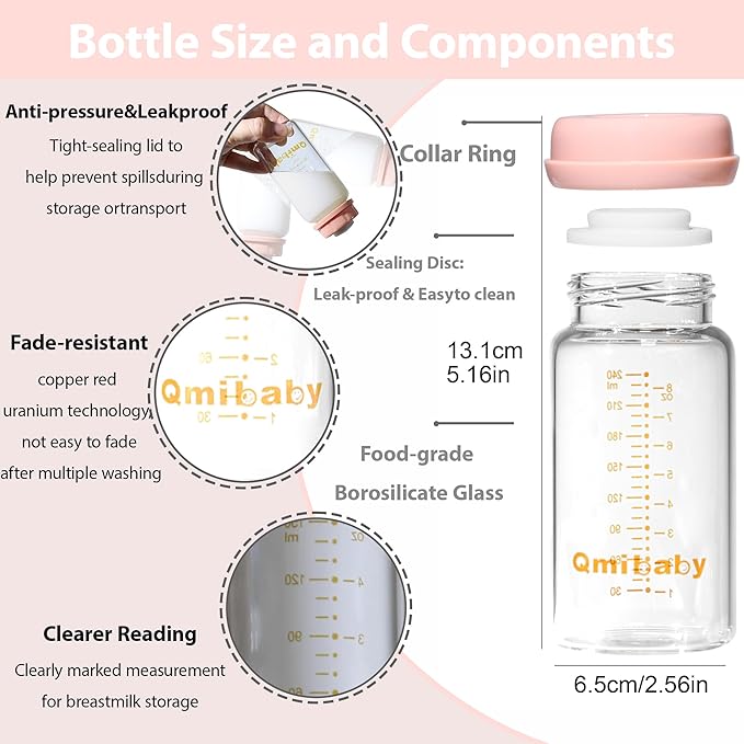 Breast Milk Storage Bottles 240ml 8oz BPA-Free Leak-Proof Baby Bottle for Breastmilk Storage Wide Neck Bottles with Screw Ring Sealing Disk Breastfeeding (Pink, 240ml-4Packs)