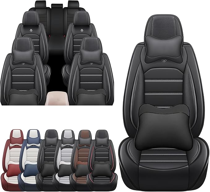 JOJ Car Seat Cover Fit for Toyota Highlander 2001-2025,7 Seat Car Seat Cover,No-Slip Waterproof Breathable Faux Leather Automotive Seat Covers Auto Interior Covers,Full Set with Pillow,Black