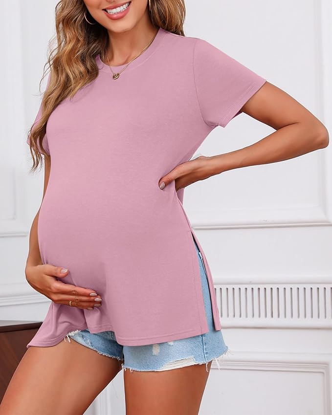 Ficerd 3 Pack Women's Maternity T Shirts, Short Sleeve Side Split Pregnancy Tops Casual Crew Neck Pregnant Tees Mama Clothes