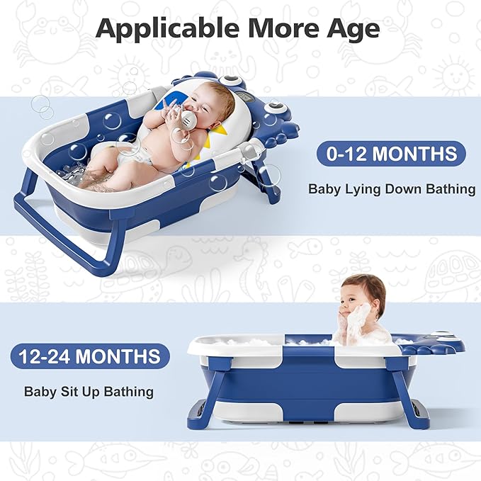 Collapsible Baby Bathtub for Newborns with Thermometer and Soft Floating Cushion Portable and Foldable Travel Baby Boy Bath Tub for Infants to Toddler 0-36 Month (Navyblue)