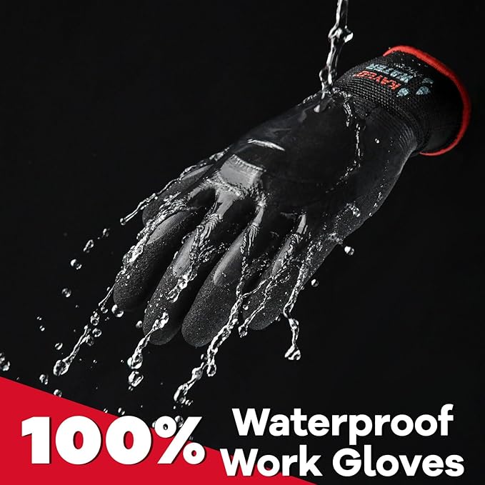 KAYGO Waterproof Work Gloves for Men and Women, Rubber Coated Non-slip Working Gloves for Garden, Outdoor Construction,KG150,Black,L