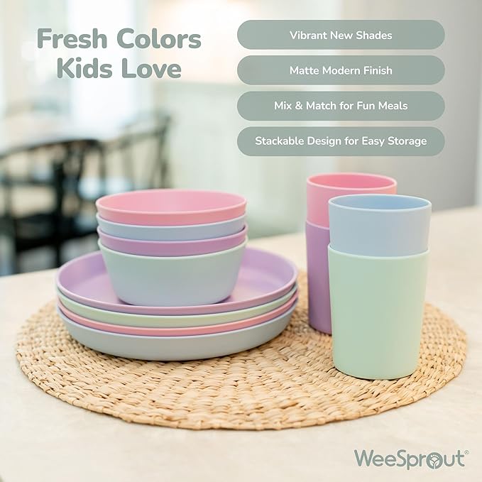 WeeSprout Bamboo Plates with Silicone Lids, Set of 4, Kid-Sized Dinnerware, Cereal, Leftovers & Snacks, Dishwasher Safe Melamine Dishware (Blue, Green, Gray, & Beige)
