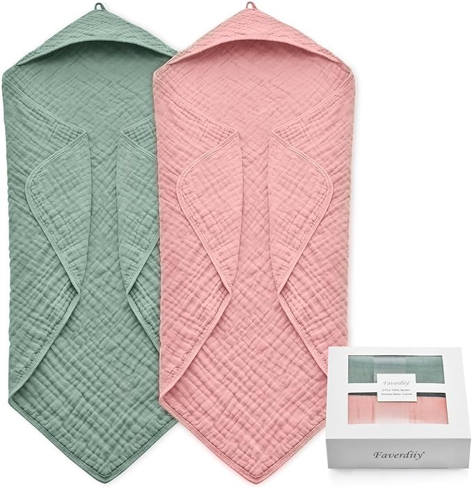 Hooded Baby Towels for Newborn, 35x35 Inch 2 Pack 100% Muslin Cotton Baby Bath Towel with Hood for Baby Toddler and Kids Baby Boy & Girl Towels, Dusty Pink+ Roman Green