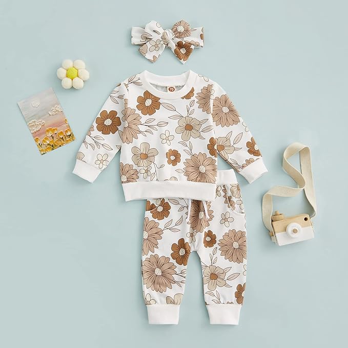 3Pcs Baby Girl Outfits Daisy Sweatshirt + Pants + Headband Infant Fall Winter Clothes