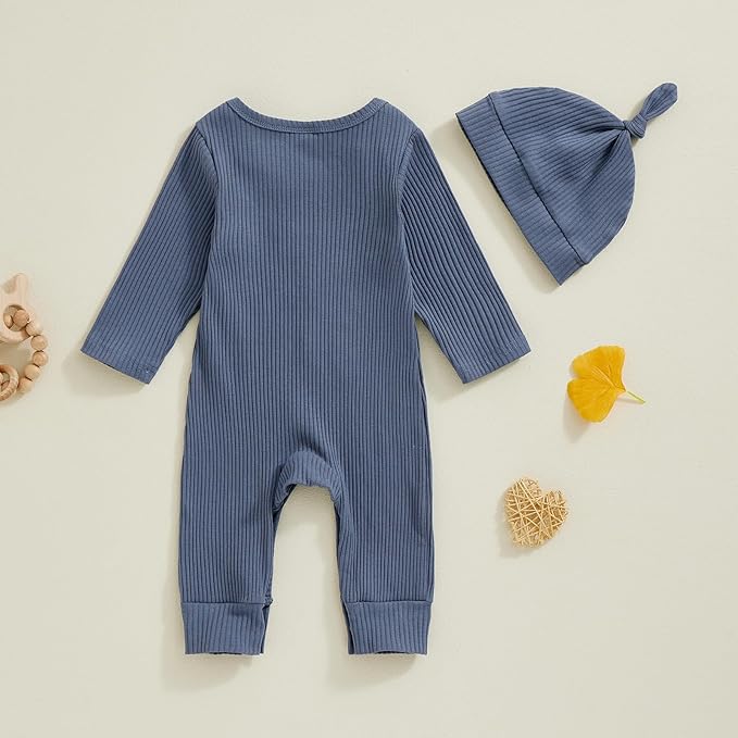 Fernvia Newborn Baby Boy Clothes Letters Print Bodysuit 3 6 9 12 18 Months Long Sleeve Jumpsuit with Hat 2PCS Outfits Set